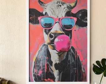 Trendy Cow with Bubblegum Poster Print | Fun and Colorful Animal Wall Art | Unique Decor for Modern Homes and Offices