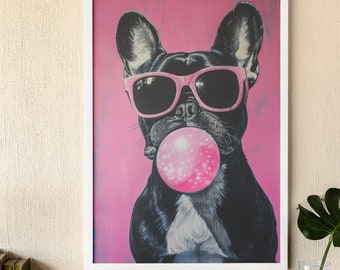 French Bull Dog Wall Art | Frenchie Bubble Gum Poster | Dog Print for Home and Office