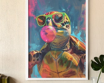 Trendy Turtle Poster - Turtle with Sunglasses and Bubble Gum - Funky and Colorful Wall Art - Unique Animal Decor for Home and Office
