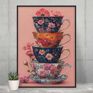 Elegant Floral Teacups Poster | Beautiful Stack of Vintage Teacups with Flowers | Charming Wall Decor for Kitchen or Dining Room