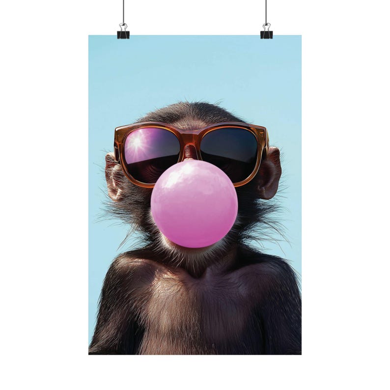 Cool Monkey Poster Monkey Blowing Pink Bubble Gum With Sunglasses Print
