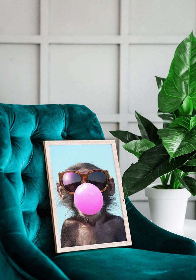 Cool Monkey Poster Monkey Blowing Pink Bubble Gum With Sunglasses Print