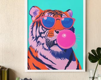 Neon Tiger Wall Art | Tiger with Bubble Gum and Sunglasses | Modern Animal Poster