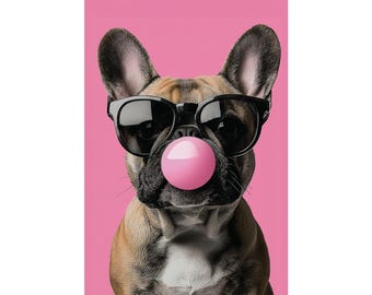 French Bulldog Pink Wall Art | Funny Frenchie with Sunglasses and Bubble Gum | Cute Pet Decor