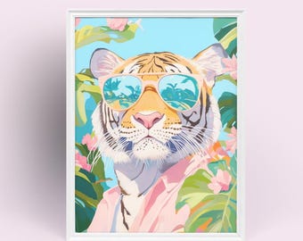 Trendy Tiger in Sunglasses Art | Summer Vibes Jungle Poster | Modern Wildlife Decor