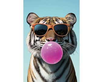 Trendy Tiger Poster | Fun Tiger Blowing Bubble Gum | Unique Art for Animal Lovers