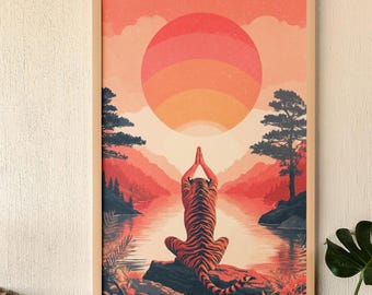 Zen Tiger Meditation Art | Yoga Tiger Poster | Serene Sunset Landscape Print