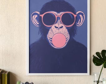 Monkey Wall Art | Neon Monkey with Sunglasses and Bubble Gum | Fun Animal Decor