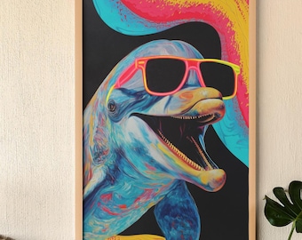 Dolphin Wall Art - Funky Sea Animal with Sunglasses Poster - Tropical Ocean Room Decor
