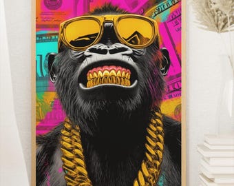 Luxury Gorilla Wall Poster | Pop Art Style with Gold Grill & Chain | Funky Animal Modern Decor