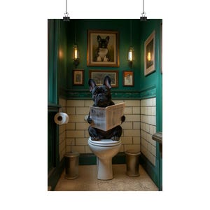 French Bulldog Bathroom Wall Art - Funny Dog on Toilet Poster - Frenchie Humor Decor