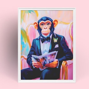 May include: A chimpanzee wearing a tuxedo and a boutonniere sits in a pink armchair and reads a magazine. The chimpanzee is smiling and has a relaxed expression. The background is a colorful abstract painting.