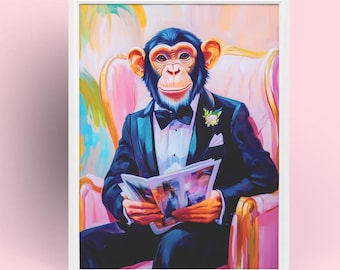 Dapper Chimpanzee Art Print | Classy Monkey in Tuxedo | Unique Animal Portrait Wall Decor