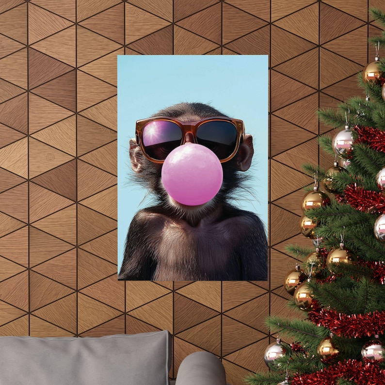 Cool Monkey Poster Monkey Blowing Pink Bubble Gum With Sunglasses Print