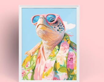 Summer Sea Turtle Poster | Cool Ocean Vibes Art Print | Beach House Wall Decor