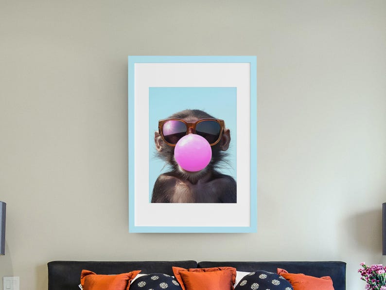 Cool Monkey Poster Monkey Blowing Pink Bubble Gum With Sunglasses Print