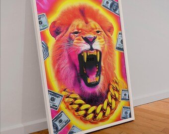 Lion Pop Art Print | Urban Jungle Wall Print | Luxury Gold Chain Animal Decor