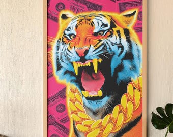 Tiger Pop Art Print | Roaring Wild Cat with Gold Chain | Bright Jungle Wall Poster