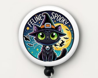 Black Cat Witch Badge Reel: Halloween Retractable ID Holder