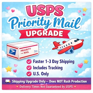 Puede incluir: Ilustración de dibujos animados que promociona una actualización de USPS Priority Mail. La imagen presenta un avión blanco y rojo, un paquete con "Priority Mail" y texto que indica envío más rápido, seguimiento y servicio solo en EE. UU.