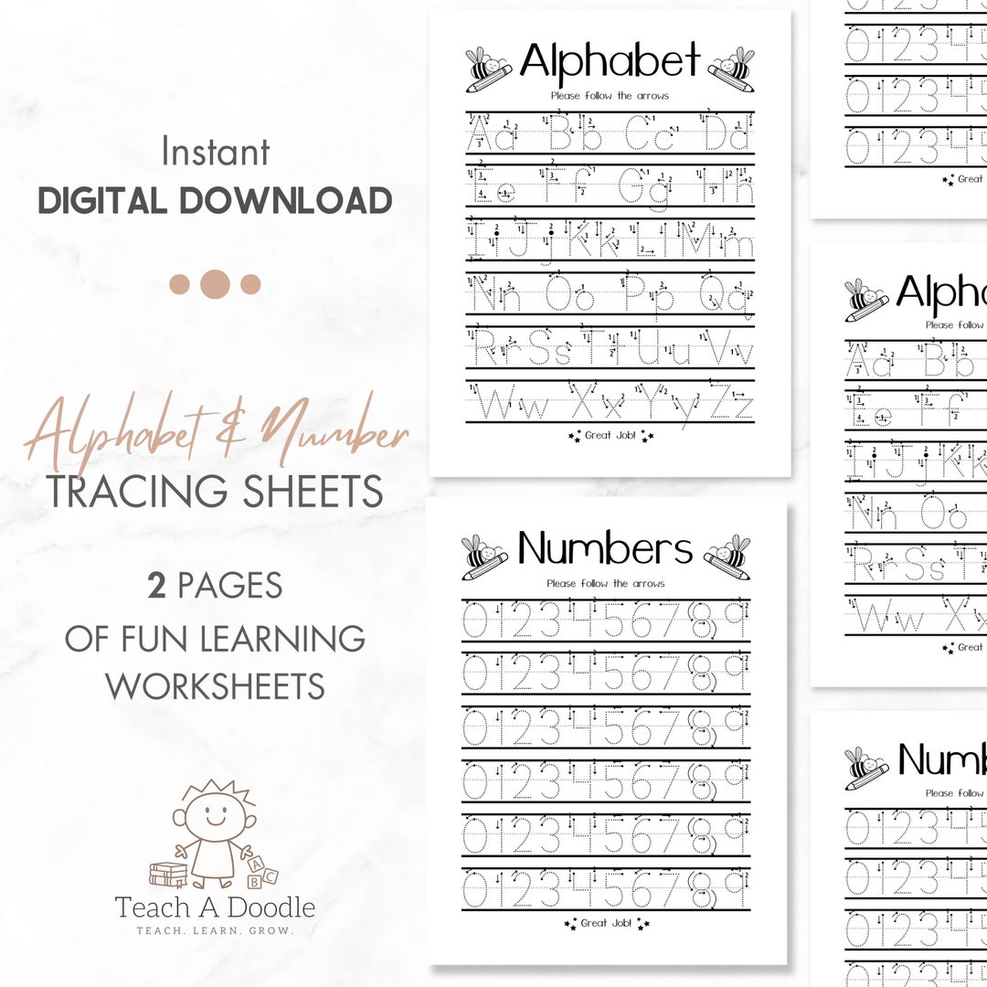 Alphabet and Number Tracing Worksheets, Printable Toddler Learning