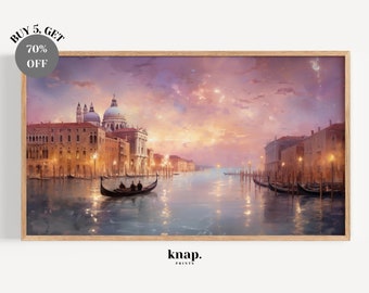 Samsung Frame TV Art Venice Night Landscape Frame TV Art Ville Italie Romantique Peinture à l'huile Impression numérique Téléchargement | KP087