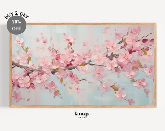 Samsung Frame TV Art Fleurs roses printanières Cadre TV Art Floral rose Sakura Blossom Blue Peinture à l'huile Impression numérique Téléchargement | KP136