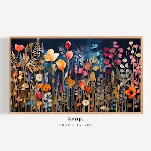 Samsung Frame TV Art Texture Wildflowers Dark Moody Frame TV Art Spring Flowers Dry Pressed Floral Black Digital Print Download | KP108
