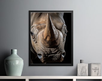 Close Up Rhino Face with Horn Digital Image, Dark Background Animal Photo, High Resolution Instant Download, Wildlife Photography Art