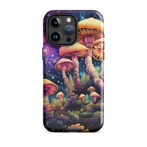 May include: A phone case with a psychedelic design featuring colorful mushrooms growing in a forest with a starry night sky background.