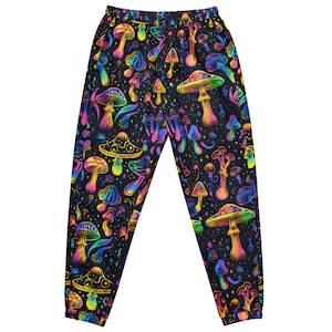 May include: Black sweatpants with a psychedelic rainbow print of mushrooms. The print is on both legs of the pants.