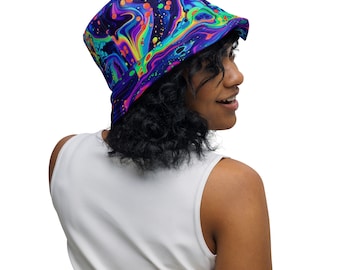 Neon Nebula Trippy Bucket Hat Black Light Meltdown Reversible Rave bucket hat