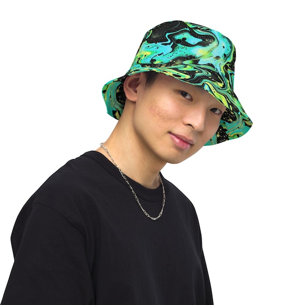 Lime Luminosity Trippy Lime Green and Black Rave Ready Reversible bucket hat