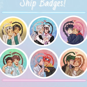 May include: Circular badges featuring anime-style illustrations of couples with cat-like tails and ears. Each badge has a unique color scheme and depicts two characters embracing. The text "Ship Badges!" is written at the top.