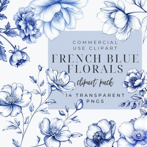 14 chinoiserie bloemen clipart png-bundel, Franse blauwe bloemen, blauw wit, Chinees, vintage, botanische bruiloft nodigt, patronen, branding