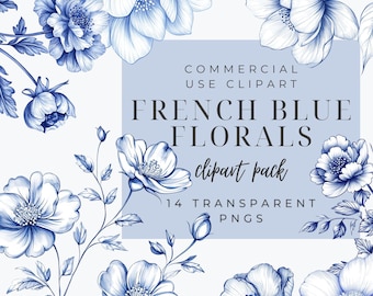 Paquete de 14 imágenes prediseñadas PNG de flores chinoiserie, flores azules francesas, blanco azul, chino, vintage, invitaciones de boda botánicas, patrones, marca