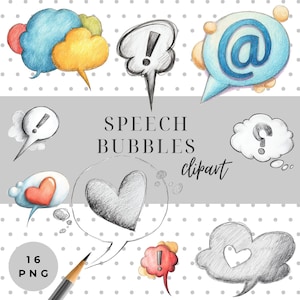 16 tekstballon clipart, potloodschets png-set, stickers, scrapbooking, ambachten, instant download, badges clipart, vormen clipart, label png