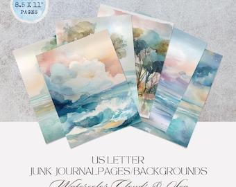 8 Meer Hintergrund Junk Journal Printable, Ozeanblau Seaside Digitale Papiere, Shabby Chic, Strand Bastelkit, Aquarell Seewolken Scrapbook