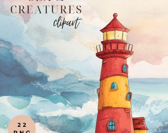 22 Sea and Creatures Clipart, Ocean Sea Life PNG Bundle, Cute Marine Animals, Boat, Fish, Lighthouse, Octopus, Kids Nursery Art, Sublimation