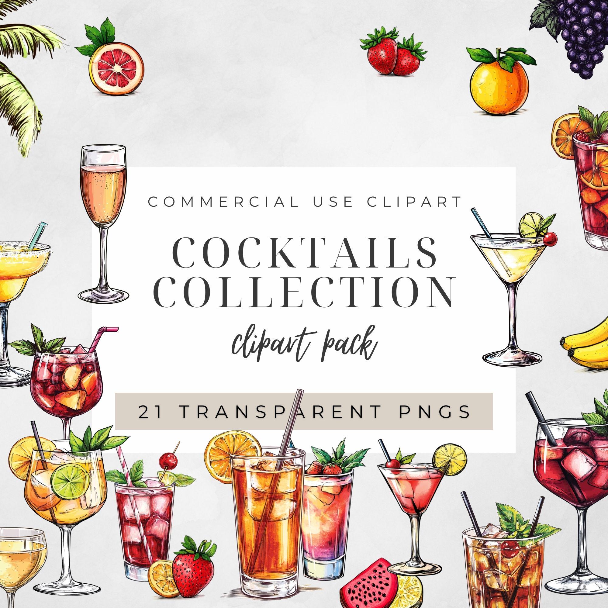 Cocktails Clipart Pack - Hand Drawn Style, Watercolor Pngs, Fun Drink ...