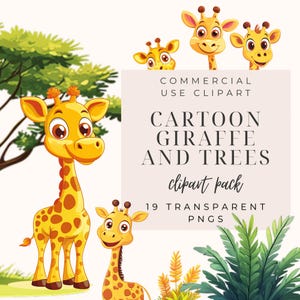 Cute Giraffe Watercolor Clipart Bundle, Cartoon Animal Digital Download, Scrapbooking and Party Decorations, Instant PNG, Safari Clipart