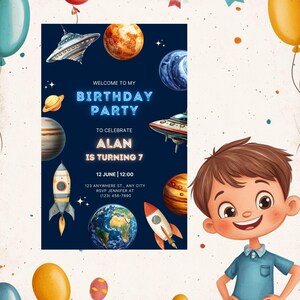 Faire-part d'anniversaire modifiable dans l'espace, inviter l'astronaute fusée planètes, téléchargement numérique, modifier la toile, des cliparts planètes, Invitation dans l'espace pour enfants