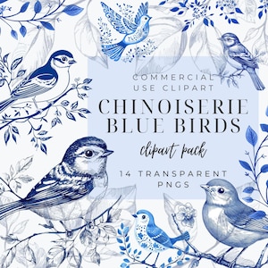 14 Chinoiserie Blue Birds Clipart PNG Bundle, Chinese Style Blue White Patterns, Wedding Invites, Elegant French Motif, Monogram Invitation