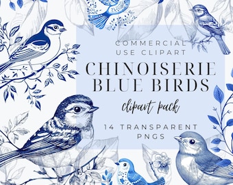 14 chinoiserie blauwe vogels clipart png bundel, Chinese stijl blauw witte patronen, bruiloft nodigt, elegant Frans motief, monogram uitnodiging