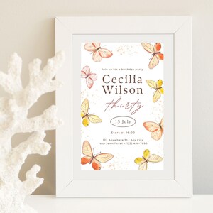 Convite de aniversário de borboleta, convite para festa de jardim boho, tema laranja amarelo para meninas e mulheres, download instantâneo EDITÁVEL, clipart de borboleta