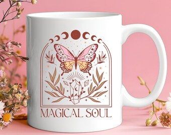 Caneca de cerâmica Magical Soul Dupla Face Boho Boho Cristais temáticos Lunar Witchy Presente de aniversário unissex Hippie para sua caneca mágica positiva