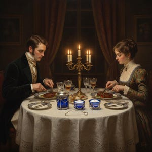 May include: A formal dining scene featuring a person in a dark coat and a person in a patterned dress seated at a round table with a white lace tablecloth, a gold five-arm candelabra, blue glass serving dishes, and plates with steak.