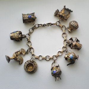 Antique Chinese Export Gold Gilded Sterling Cloisonne Enamel Charm Bracelet