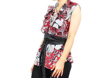 Upcycled Floral Blouse, Ruffle Neckline with Black Belt