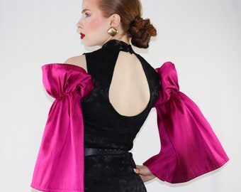 Upcycled Lace Dress, Thai Silk Bell Sleeves, High Neck, UK Size 6